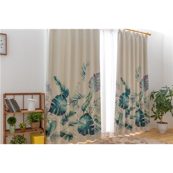 遮光カーテン 幅200cm×丈160cm リーフ柄 1枚 洗える 日本製 アジャスターフック タッセル付き 3級 遮光 カーテン プランシェ GN