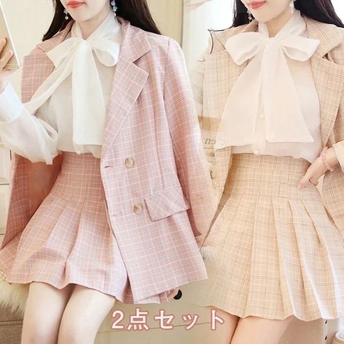 セットアップ レディース ガーリー チェック柄 スカート フォーマル チェック柄 ジャケット 韓国ファッション セットアップ プリーツスカート ミニ 高校生 テーラードジャケット チェック スーツ