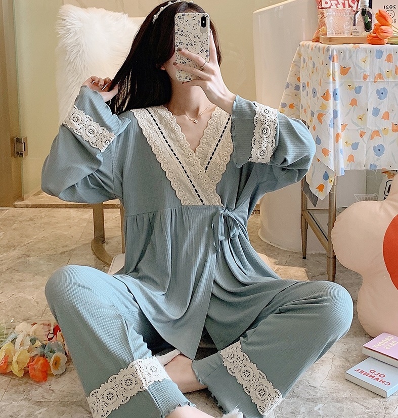 【日本未発売/送料無料】マタニティ パジャマ カシュクール サイドリボン レース フリル