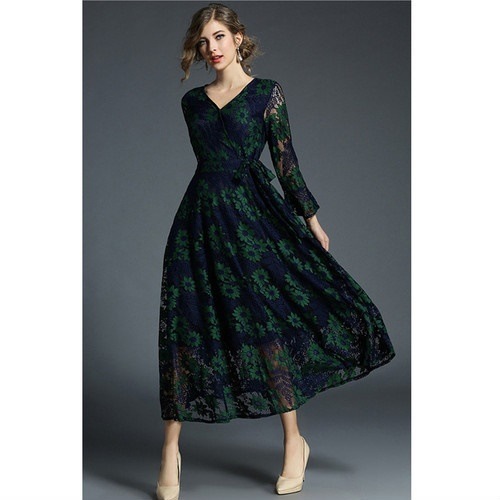 1894.リボンベルトレースワンピース 2019 春夏 sale 春夏 sale 花柄 フレア Vネック 長袖 ロング丈 エレガント お呼ばれ パーティー 結婚式 披露宴 二次会 女子会 レストラン