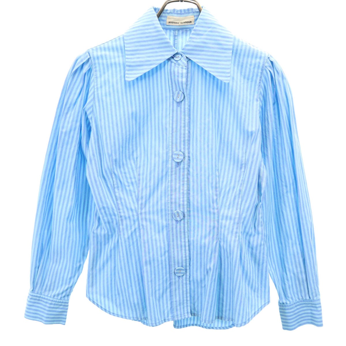90s オールド 日本製 ストライプ柄 長袖 コットンシャツ free ライトブルー レディース 古着