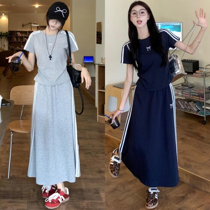 セットアップ 2点セット トップス スカート スウェット ライン レディース 半袖 ロングスカート カジュアル ジャージ スポーティ 大人 可愛い リラックス おしゃれ 楽ちん グレー ネイビー 春