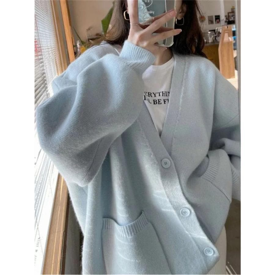 レディース トップス カーディガン ニット 秋 長袖 ピンク ブルー ライトニット Vネック カジュアル ファッション 通勤 普段着