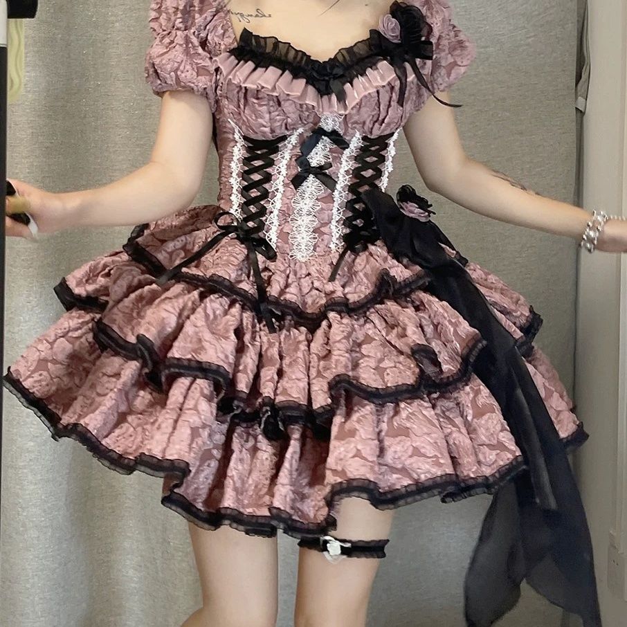 スターネバースリープロリータメディアのキスオプダークゴシックハロウィンサブクール三段ドッグショートドレス
