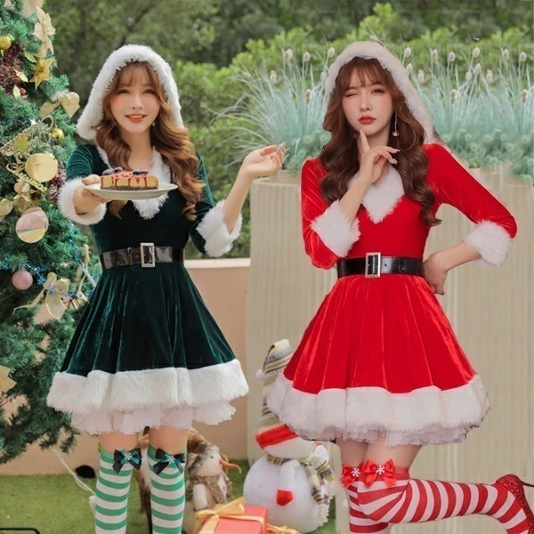 ハロウィン衣装 コスプレ サンタ コスプレ レディース ポンチョ付き サンタクロース フレアスカート クリスマス コスチューム ストッキング付き フード付き マント 大人 サンタ服 仮装 演出服 イ