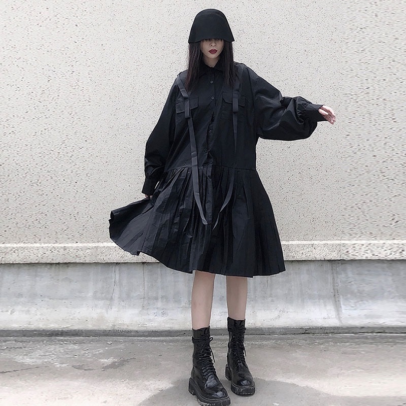 レディースルーズロングスリーブシャツドレス2022新しいミドル丈ツーリングリボンルーズスイングファッションドレスブラックシンプルで用途の広いレディースドレスルーズファッション