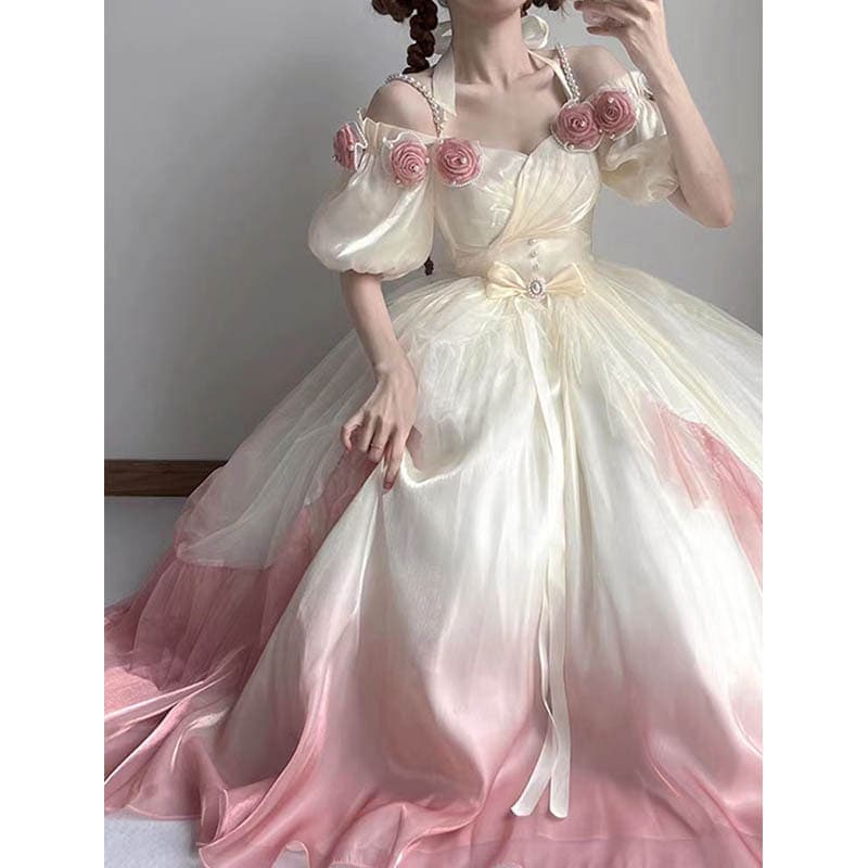グラデーションピンクローズロリータドレスウェディングドレスロリータ妖精プリンセスドレス