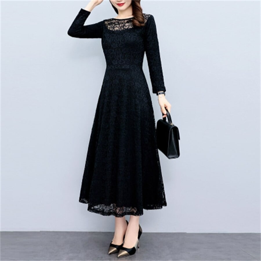 ロングドレス 秋 マキシ丈 体型カバー エレガント系 長袖 プチプライス 大人可愛い フェミニン レース ラウンドネック フェミニン 透け感 シースルー 2022 30代 40代