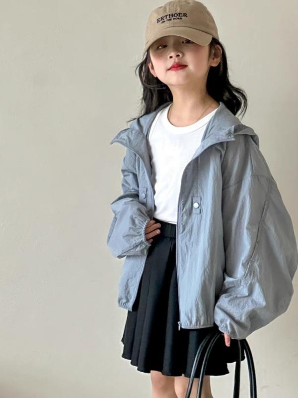 女の子 外套 防晒 長袖 フーディー 春 ニット ナイロン 柔軟 接触冷感 軽量 短丈 ハーフジップ ユニセックス スポーツ かわいい ピンク グレー アイボリー 普段使い 通学