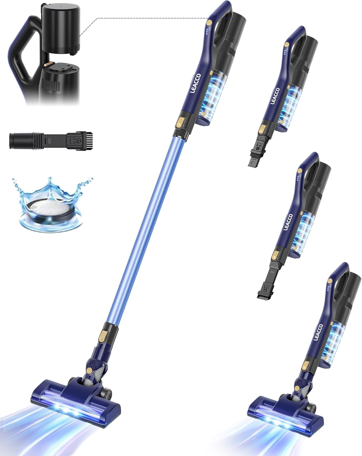 掃除機 コードレス【着脱式バッテリー&1KG軽量本体】38000pa LeaccoLife サイクロン掃除機 2WAY仕様 LEDライト搭載 スティッククリーナー 2段吸引力 スティック掃除機 40分