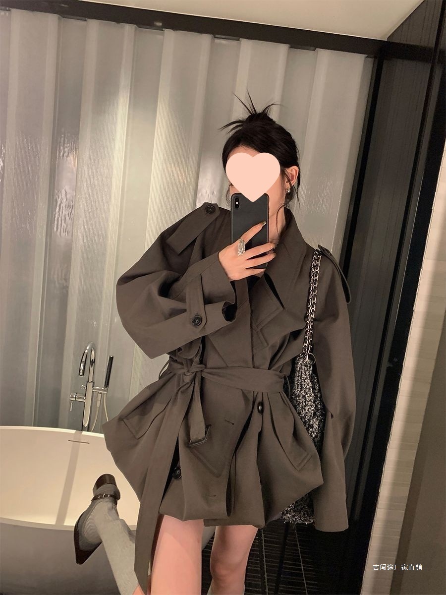 女性のためのレースアップウインドブレーカーコート2025とのスタイル小さなレトロカジュアルミドル丈ルーズコート