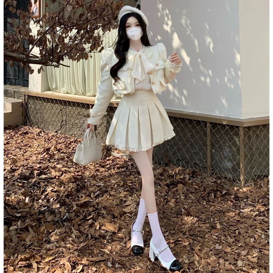 ツイード セットアップ ジャケット プリーツスカート ミニスカート ミニ トップス ボトムス ショート OL 通勤 ガーリー フェミニン 上下セット カジュアル きれいめ 女っぽ パフスリーブ30%制