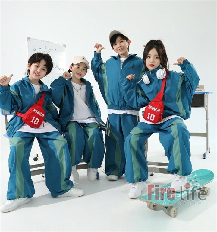 キッズダンス衣装 子供服 ウインドブレーカー ジャージ 上下 ブルー へそ出し ダンス衣装 半袖Tシャツ HIPHOP トップス ズボン 女の子 男の子 ジャズ 派手 ステージ衣装 練習着 演出服 舞