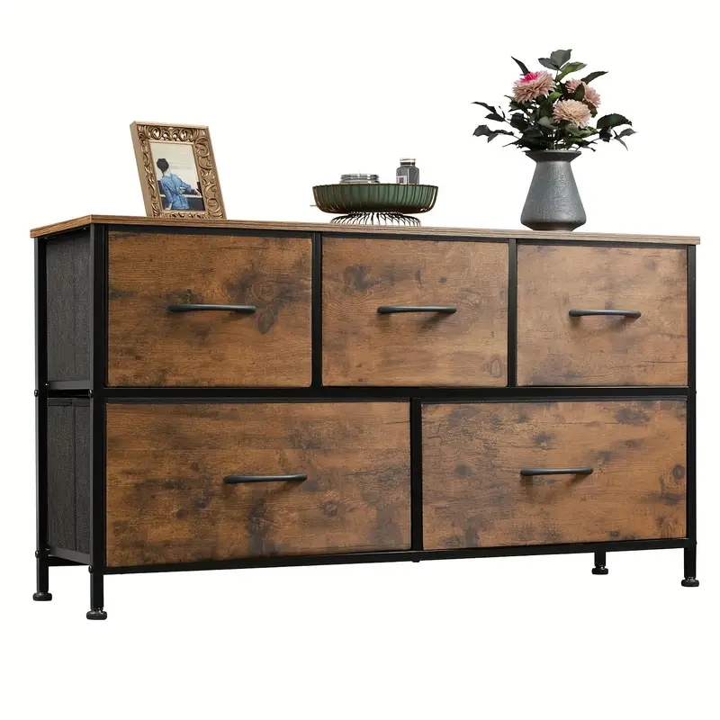 1個 金属＆ファブリック 5段引き出し収納キャビネット ブラックドロワー＆ブラウントップ - 頑丈な脚付き 省スペース設計 簡単組立 寝室・リビング・キッチン・バスルーム用 68.58cm高さ3