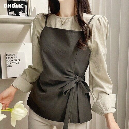 [メガ割りSALE]サイドリボンビスチェ&ラウンドネックブラウスSET