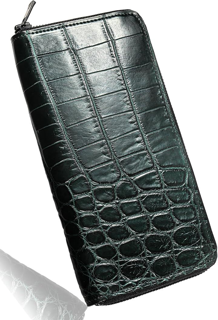 クロコダイル 財布 本物 日本製 一枚革 本革 ラウンドジップ 長財布 メンズ レディース ギフト対応 (グリーン)