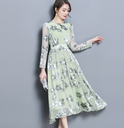 1558.花柄シフォンロングワンピース（グリーン）2019 春夏 sale フォーマル 食事会 レストラン 記念日 デート 結婚式 パーティー お呼ばれ