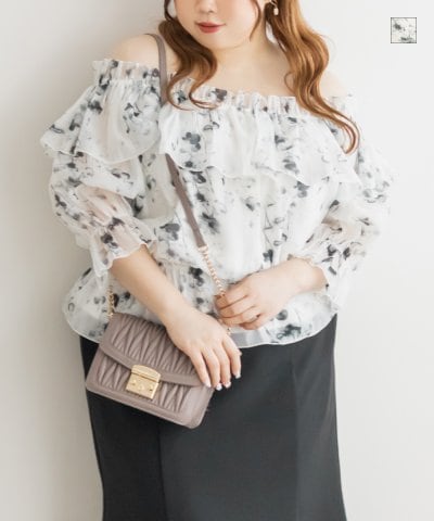 大きいサイズ レディース LL 3L 4L XL XXL XXXL オフショル花柄ブラウス