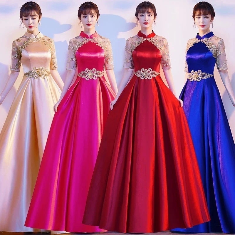 ウェディングドレス ウエディングドレス カラードレス ロングドレス Aラインドレス 立ち襟 チャイナ襟 半袖 演奏会 発表会ドレス コンサート コンクール 舞台ドレス コーラス 演出服 オーケストラ