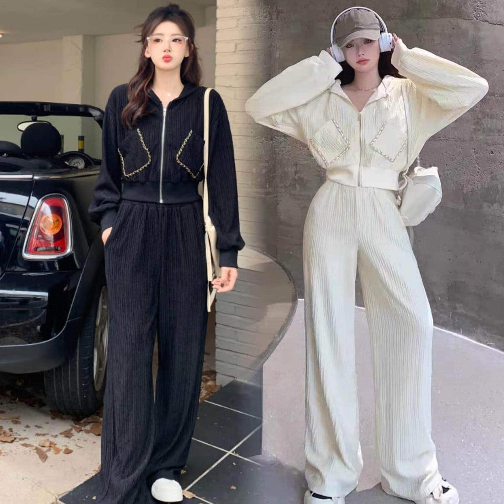 春フード付きスウェット+ズボン2点セットカジュアルスウェット運動韓国ファッションセットアップ