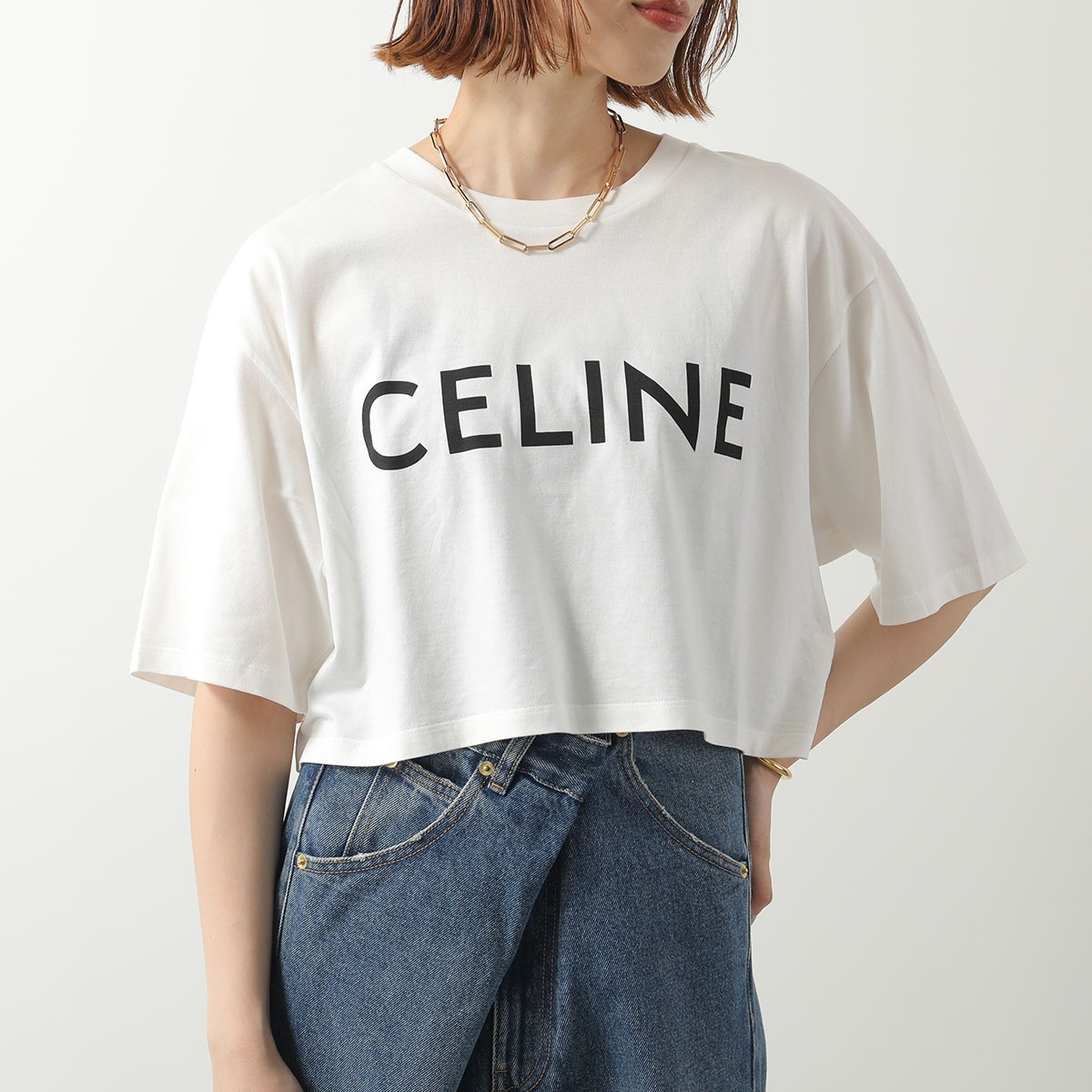 CELINE セリーヌ Tシャツ 2X761671Q.01EA レディース 半袖 カットソー クロップド丈 クルーネック ロゴT コットン ホワイト