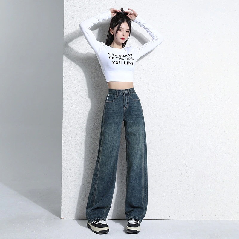 女性用298レトロワイドレッグジーンズ春のアメリカンドレープハイウエストルーズストレートフロアレングスモップパンツ