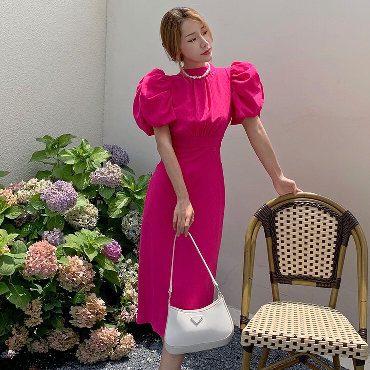 ワンピース ドレス レディース スカート プルオーバー ワンピドレス ひざ丈 膝下 ミディアム丈 半袖 ボリューム袖 パフスリーブ バルーン 襟なし フィット スリム 細身 ハイウエスト バックリボン