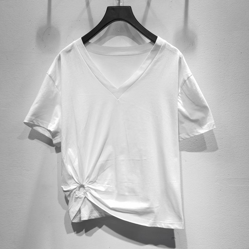 春 夏 V ネック ウエスト トップ 綿 半袖 オールマッチ Tシャツ 女性 トレンディ トップス Tシャツ 白トップス 袖あり 半袖 Vネック 襟なし かわいい シンプル カジュアル 大人 上品