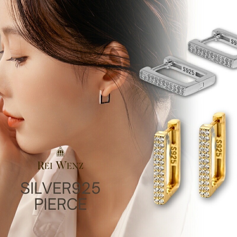 【高品質Silver925】ピアス 金属アレルギー フープ ワンタッチ スクエア 四角 ジルコニア キャッチレス サークル ニュアンス フープ シルバー S925 K18 フープ