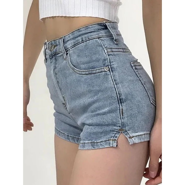 女性用のレトロなハイウエストのスリミングスプリットデニムショートパンツ新しい夏のスタイルホットガールスタイル伸縮性があり用途が広く脚を長く見せヒップにぴったりフィットします