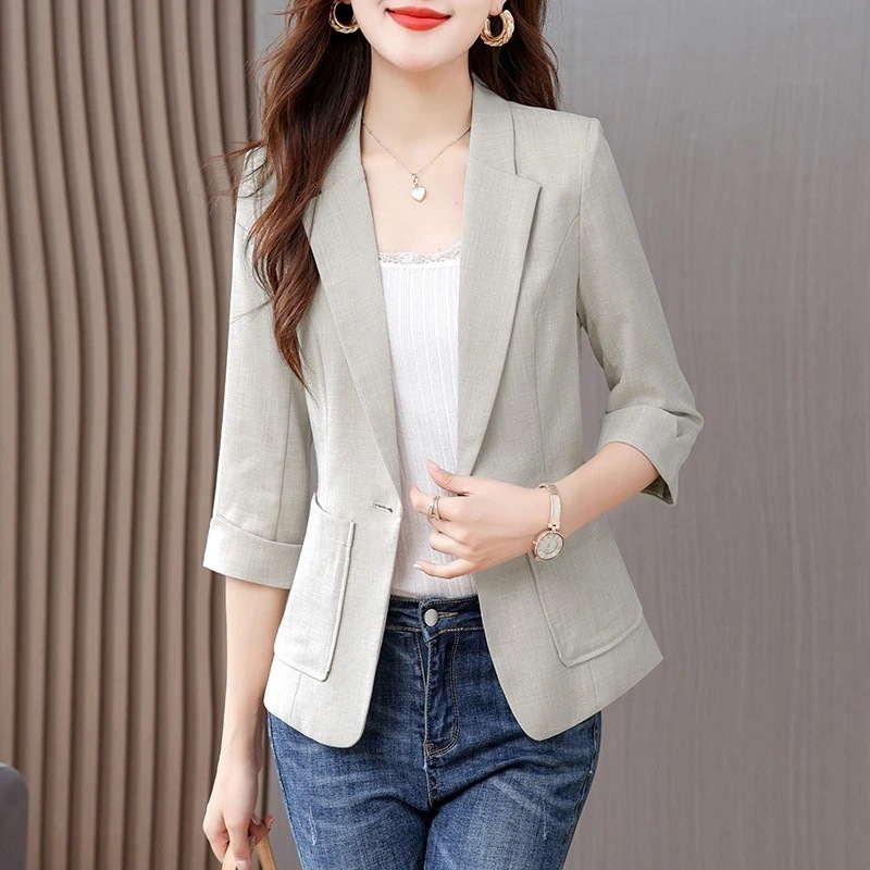 25 薄 スーツ 小さいブレザー薄手カジュアル ショートスタイル小さい七分袖無地ミッドスリーブスーツ レディース 韓国ファッション半袖