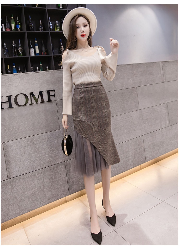 スカート ボトムス ペンシルスカート タイトスカート ひざ丈 スリム タイト マーメイド アシンメトリー ひらひら ヒラヒラ レース チュール ハイウエスト 透け感 かわいい 大人可愛い きれいめ