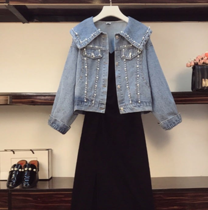 アウター ワンピース デート かわいい 大人可愛い きれいめ シンプル カジュアル 大人 上品 セットアップ キャミソールワンピ ロング丈 デニム ジャケット パール クロップド丈 パール 韓国 春