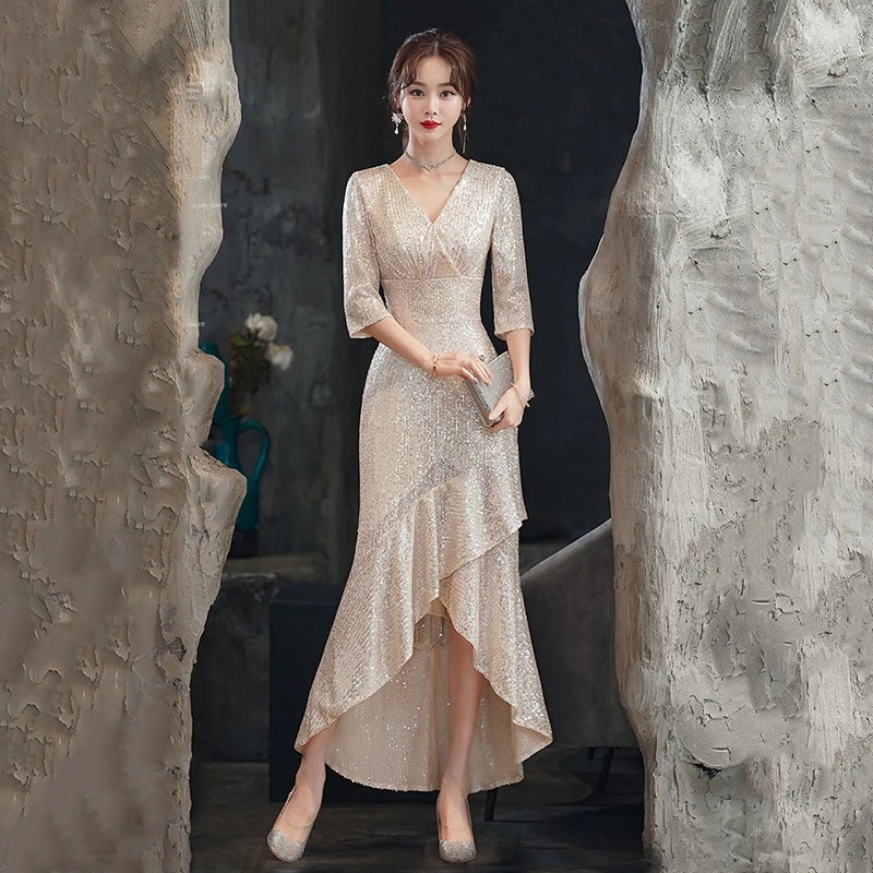 パーティードレス結婚式4030ロング丈袖あり長袖韓国風大きいサイズフォーマル