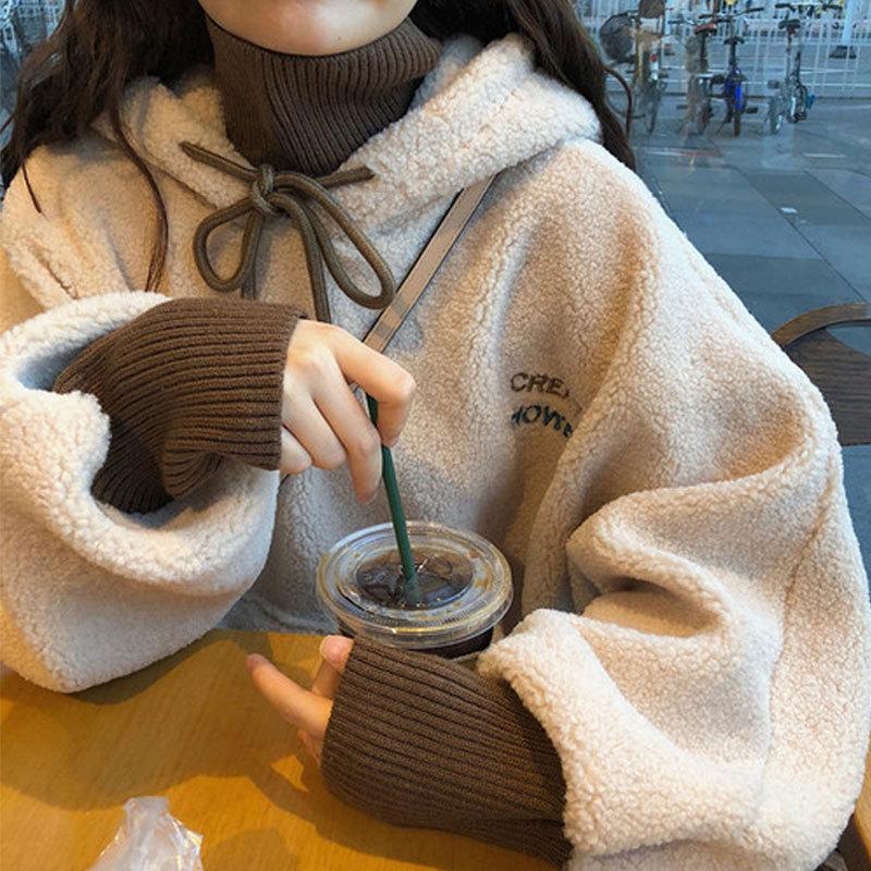 ボアパーカー 重ね着プルオーバー ハイネック リブネック フード付き 秋冬 厚手 体型カバー 衝撃