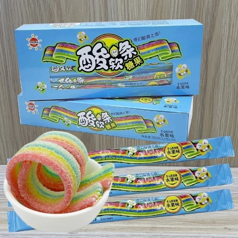 虹色の酸っぱいストリップ新の子供のためのフルーツ風味のキャンディーを共有する甘くて酸っぱいジュース長いストリップキャンディースナック 誕生日プレゼント 子供の贈り物 誕生日プレゼント 子供の贈り物