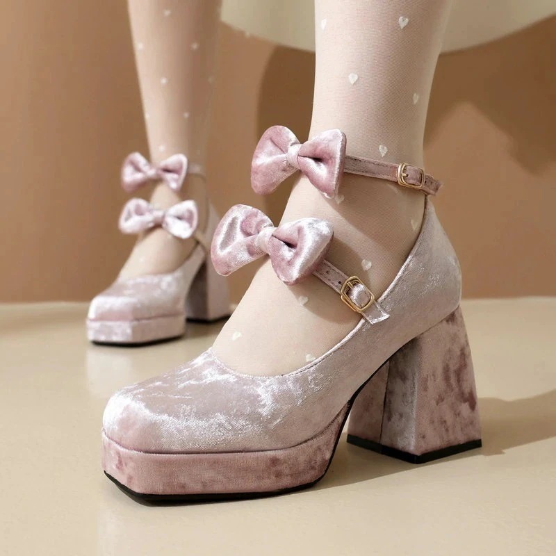 【急速発送】春秋金糸スエードの太ヒールとリボンロリータメリージェーンハイヒール