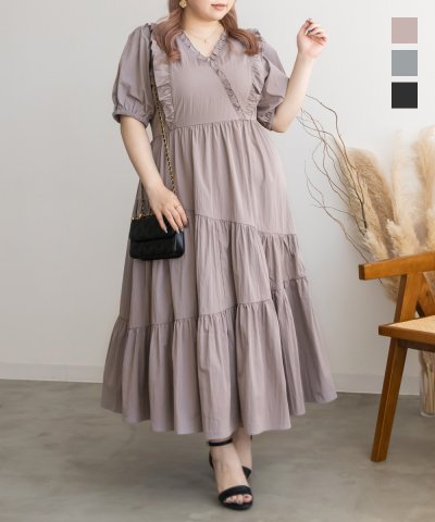 大きいサイズ レディース LL 3L 4L XL XXL XXXL CLETTEオリジナルななめティアードフリルワンピース