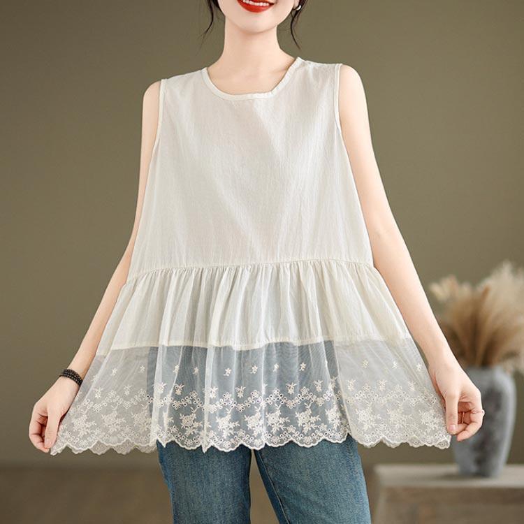 刺繍入り 裾スカラップ レース タンクトップ ロング レディース 夏 トップス ノースリーブ ブラウス インナー tシャツ キャミソール 裾レース チ