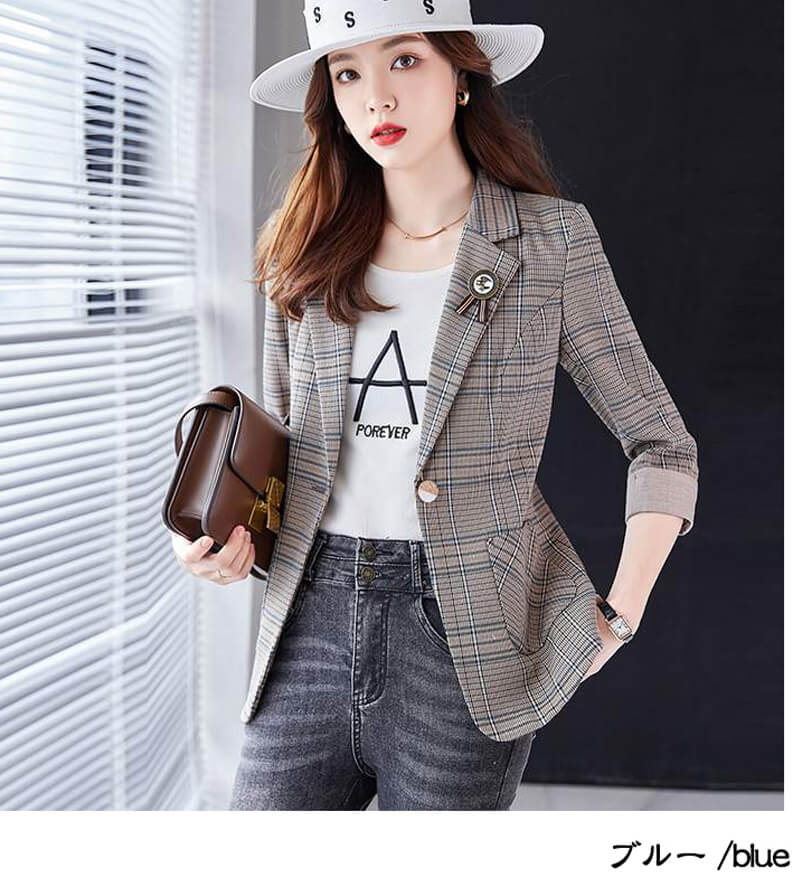 七分袖タータンーチェック夏ジャケット レディース テーラードジャケット チェック柄 スーツジャケット ミディアム カジュアルジャケット レトロ ノーカラージャケット フォーマル レディース 羽織り 春