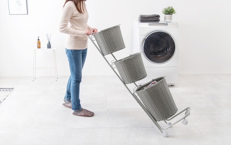 バスケット かご 洗面 水周り おしゃれ キャスター ランドリー ボックス シンプル スチール ラタン風 簡単組立 3段 幅36.5cm