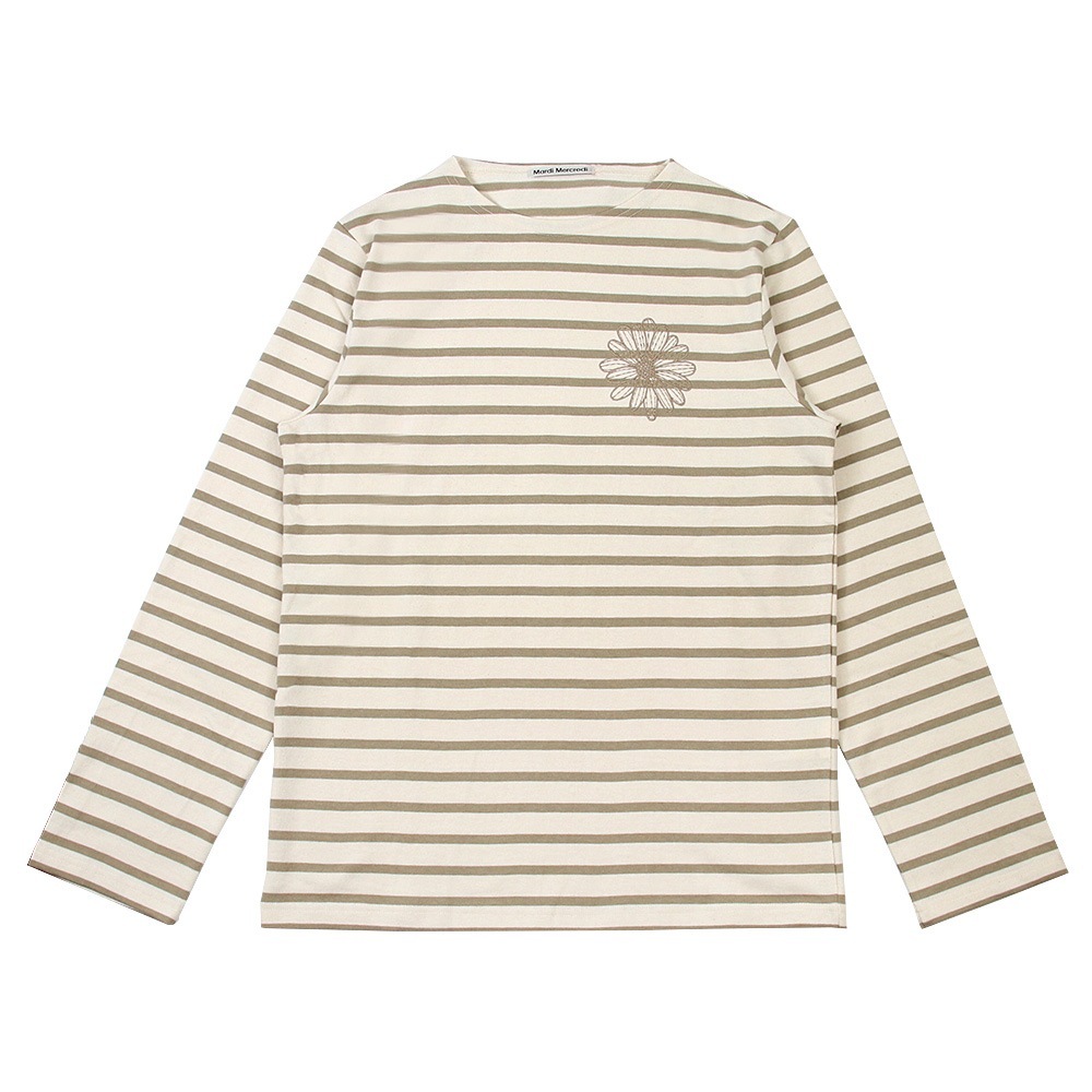 Tシャツ TSHIRT LONG SLEEVE STRIPE BEIGE CHESTNUT 長袖 レディース 韓国 ファッション アパレル 刺繍ロゴ
