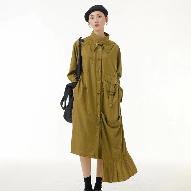 可愛いハイネックシャツワンピース長袖カーディガン韓国ファッションレディース春服ロング無地合わせやすい着痩せ効果美脚