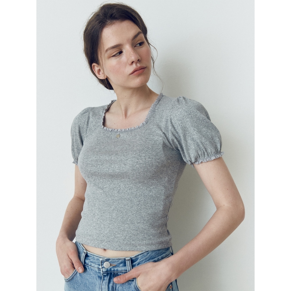 MAROYH スクエアネックレーストップス(メランジグレー)