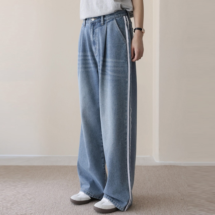 [韓国ファッション] ピンタックサイドツーラインブルーウォッシュワイドデニムパンツ