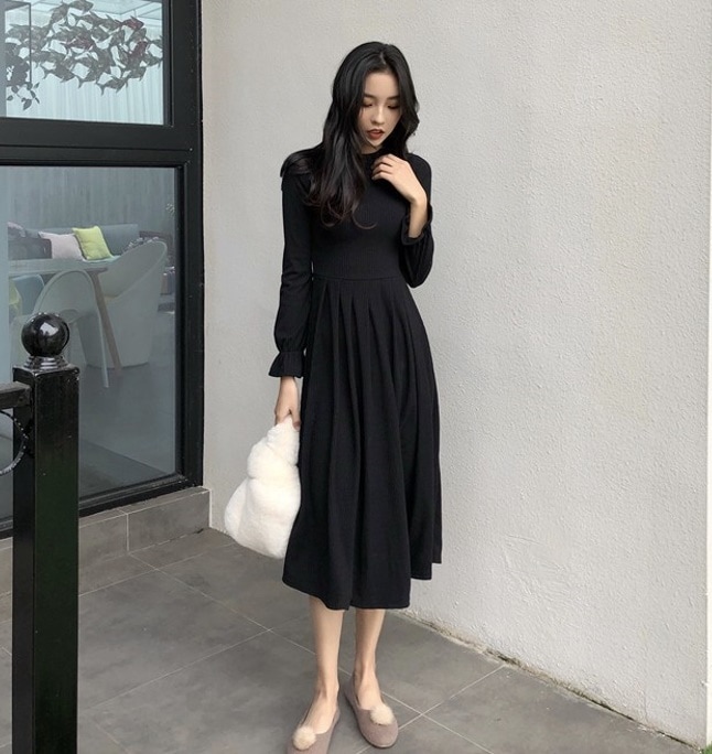 3286.Aラインフレアきれいめニットワンピース(ブラック) 2019春夏 sale ハイネック ハイウェスト リブニット 美ライン おしゃれ スカート 大人 上品 お出かけ お呼ばれ ご挨拶 記念日