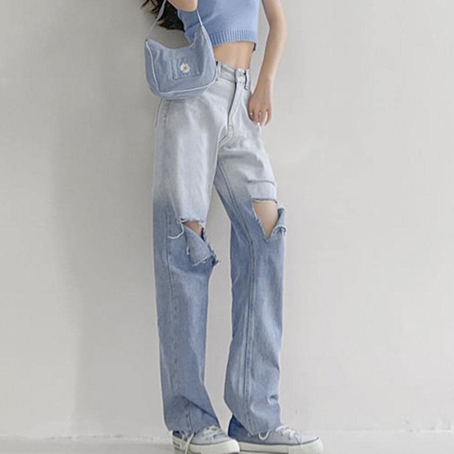 ダメージ デニムパンツ ハイウエスト韓国