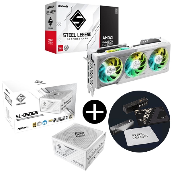 RX9070 SL 16GO ホワイト グラフィックボード + SL-850GW ホワイト Steel Legend 電源ユニット (850W) + オリジナルマウスパッド セット