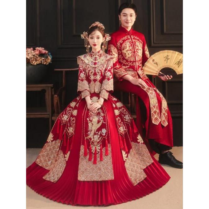 中華服 中華ドレス チャイナ民族衣装 ウエディングドレス フリンジ付きケープ 長袖トップス＋ロングスカート 花 鳳凰 龍 フェニックス 刺繍 女性 男性 新郎 新婦