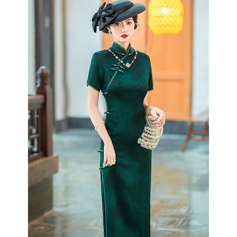 ダークグリーンロングチャイナドレスヴィンテージクラシックオールド上海レトロスタイル2024春夏スリムでエレガント